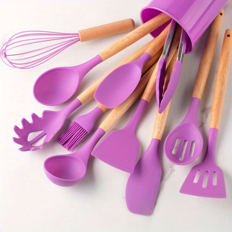 12-Piece Silicone Kitchen Utensil Set with Wooden Handles – Heat Resistant to 446°F, Dishwasher Safe, BPA-Free Cooking Tools