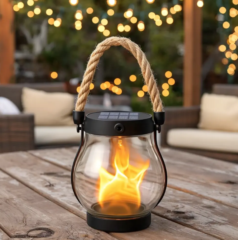 Rechargeable Portable Lantern with Hemp Handle for Patio, Camping & Indoor Ambience — Smart Auto-On Sensor, Type-C USB Charging, Compact 4.7
