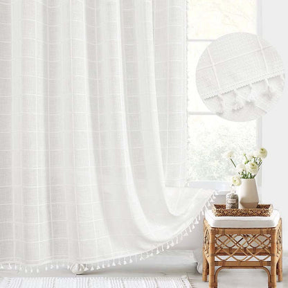 Waterproof Bath Curtain with Tassel Trim 71 x 79 Inches Gray Woven Linen Privacy Screen for Bohemian Bathrooms Country Style Decor Machine W