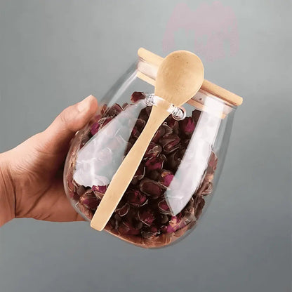 Clear Glass Canister with Bamboo Lid & Spoon for Pantry Organization Coffee Beans Loose Tea Dry Goods Kitchen Counter Storage Jar Airtight S