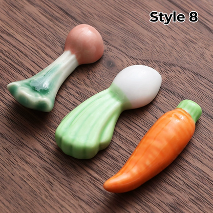 Porcelain Utensil Holders with Animal and Fruit Designs for Asian Dining – Set of 3 Decorative Tabletop Rests