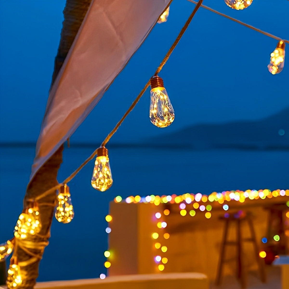 Outdoor Solar LED Edison Bulb Decorative Lights 33 ft Weatherproof Jute Cord for Patio Deck Yard Bistro Canopy Balcony Entertaining Ambient