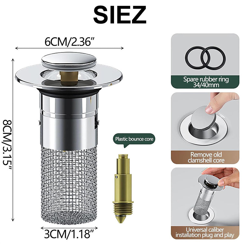 Pop-Up Bathroom Drain Filter with Hair Trap for Washbasin & Shower – Brass Core, Stainless Steel Basket, Universal Fit 1-1.2" Drains