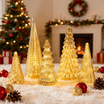 LED Crystal Christmas Tree Set of 5 with Timer – Battery Operated Tabletop Holiday Décor for Living Room, Mantel & Windowsill