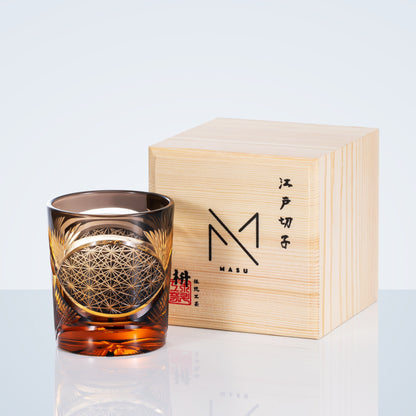 Hand-Cut Crystal Lowball Glass with Etched Crane Motif in Warm Amber Finish for Bourbon Scotch Cocktails Spirits Tasting Home Bar Display El
