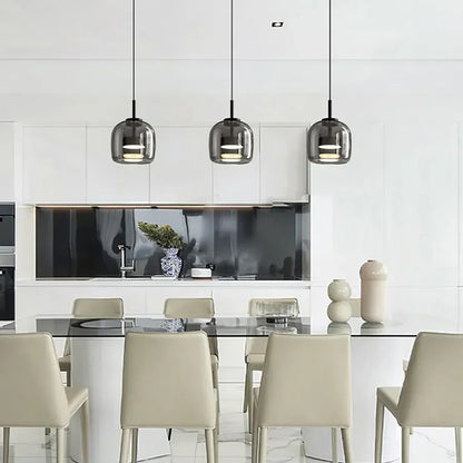 Glass Drop Ceiling Fixture 40 in Adjustable Height Cognac Smoke Gray Over Island Dining Table Modern Nordic Minimalist Hanging Lamp Bedroom