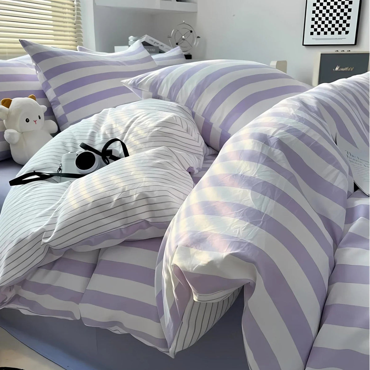 Striped Linen Bed Set King Queen Double Twin Hotel Quality Comforter Cover Fitted Sheet Pillowcases Neutral Bedroom Essentials for Modern &
