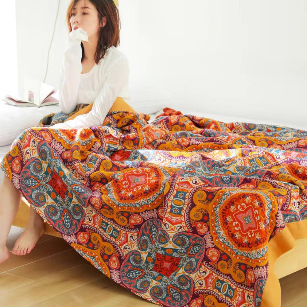 Reversible Cotton Throw Blanket Lightweight Breathable Summer Bedding for Hot Sleepers Temperature Regulating Double-Sided Quilt