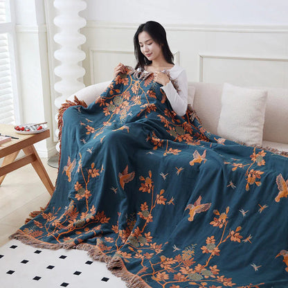 Layered Cotton Gauze Throw Blanket with Tassels – Jacquard Textured Woven Coverlet for Bed Couch Sofa Living Room Bedroom Decor