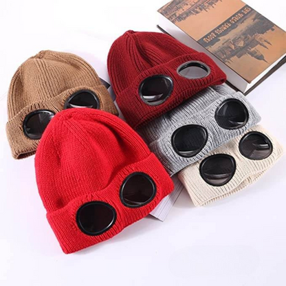Knit Beanie with Flip-Down Goggles – Windproof Winter Hat for Outdoor Activities