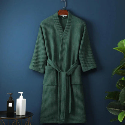 Cotton Waffle Robe V-Neck Lightweight Spa Bathrobe for Women & Men with Pockets Absorbent Loungewear for Bedroom Bathroom Shower