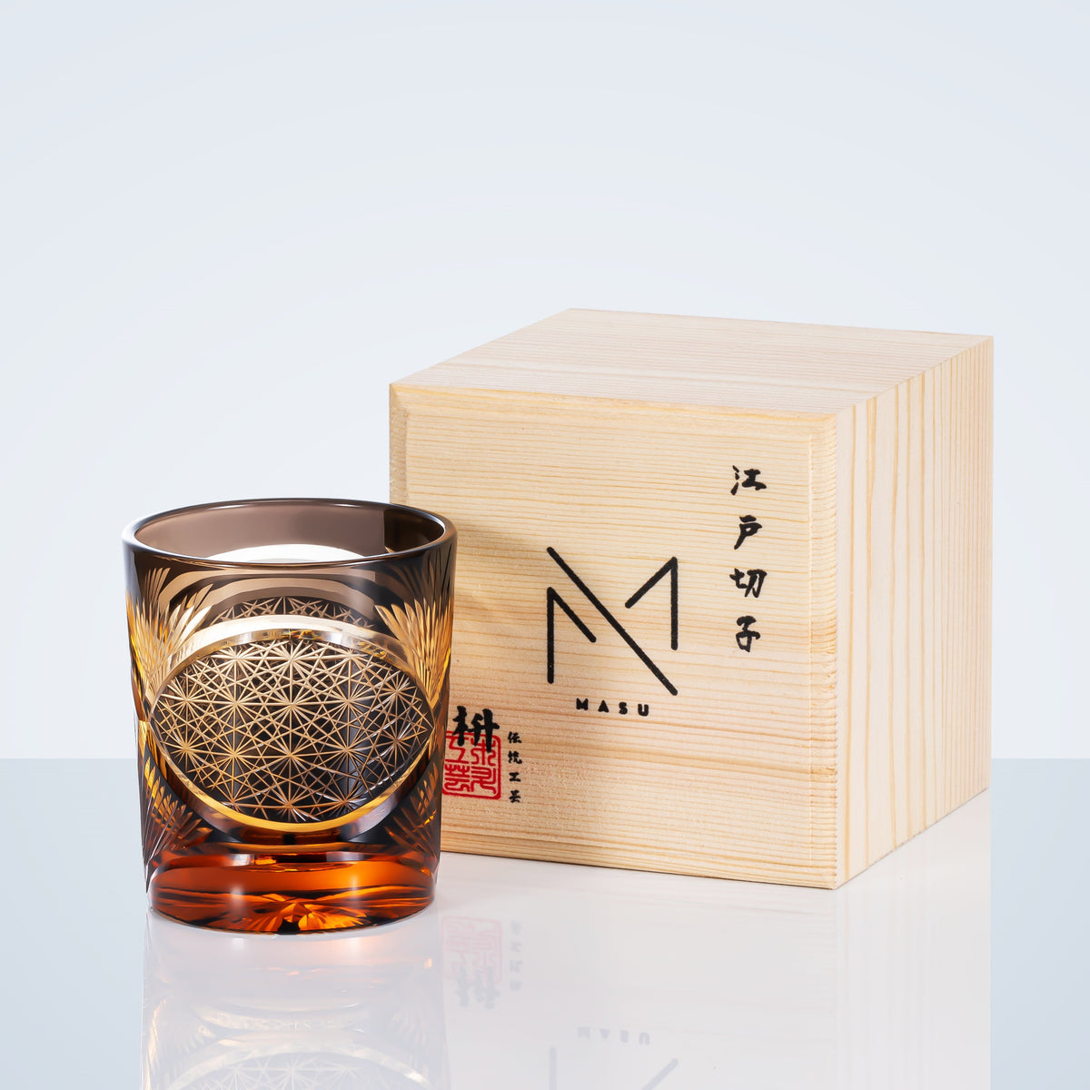 Japanese Cut Crystal Whisky Tumbler with Gift Box | Traditional Etched Pattern | Amber Colored Spirit Glass for Bourbon & Scotch | Artisan B