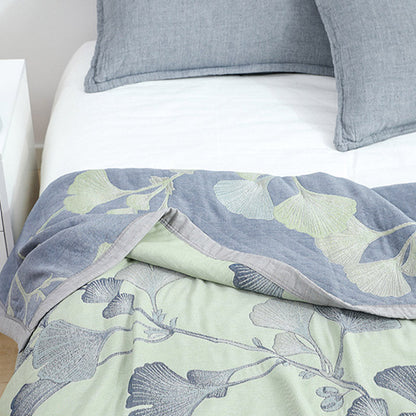 Reversible Cotton Gauze Quilt with Ginkgo Leaf Pattern – Lightweight Jacquard Bedspread for Summer & Air Conditioning – Eco-Friendly