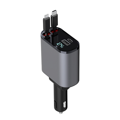 Retractable Car Charger with Dual Ports – Fast Charging Cable for iPhone & Android – 31 in Auto-Rewind USB Adapter