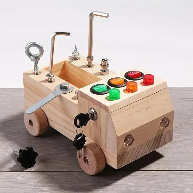 Interactive Wooden Activity Panel with LED Traffic Lights for Kids Ages 3-12 Years Sensory Learning Toy Develops Hand-Eye Coordination