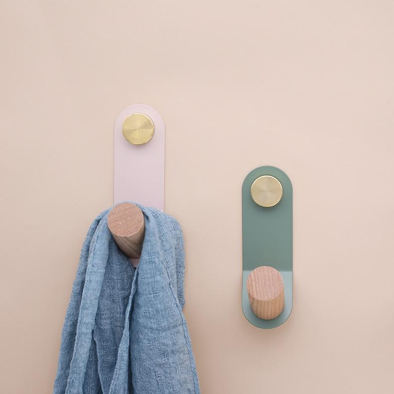 Oak Wood & Brass Wall Peg for Coats Towels Bags | Nordic Single Hook | 6 Soft Colors