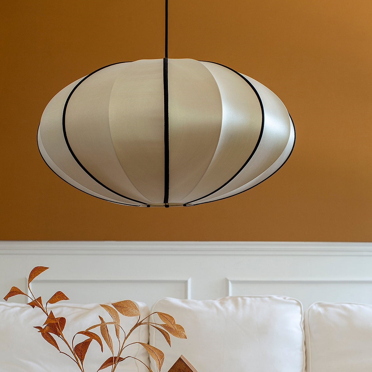 Fabric Ceiling Light 16-Inch Orb Shade for Dining Room Bedroom Kitchen Island White Silk Hanging Fixture E27 Socket Adjustable Height