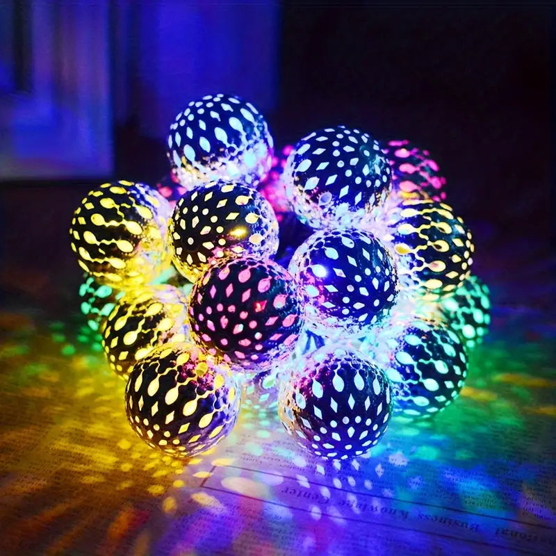 Moroccan Metal Globe String Lights Solar Powered Outdoor Patio Decor 20-30 Warm White LED Orbs Bohemian Weatherproof Garden Balcony