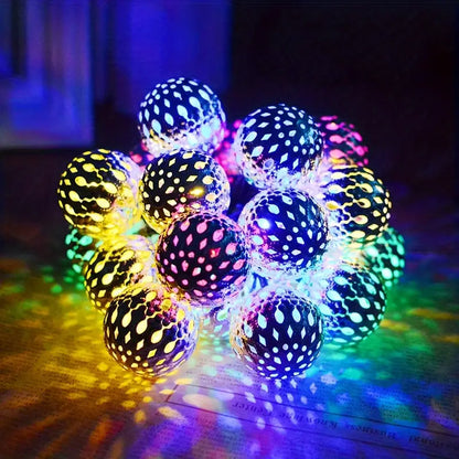 Moroccan Metal Globe String Lights Solar Powered Outdoor Patio Decor 20-30 Warm White LED Orbs Bohemian Weatherproof Garden Balcony