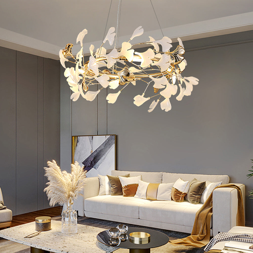 Ceramic Leaf Cluster Pendant Light with Adjustable Cord – Gold Metal Frame Multi-Bulb Chandelier for Dining Room, Living Room & Bedroom