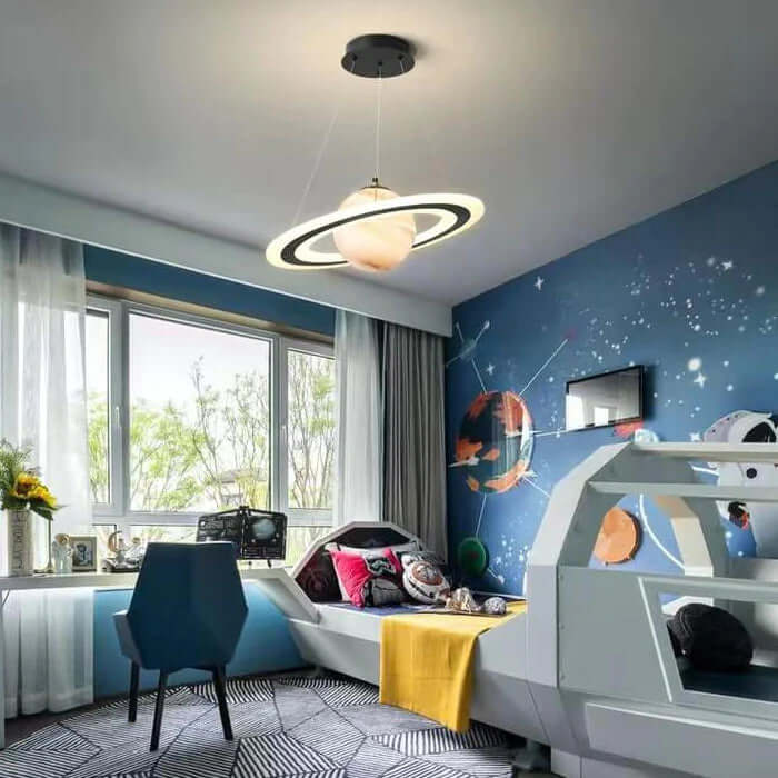Hanging Space-Themed Fixture for Kids' Rooms Blue Acrylic Spherical Ceiling Lamp with LED Ring Light for Nursery Playroom Bedroom Decor Susp