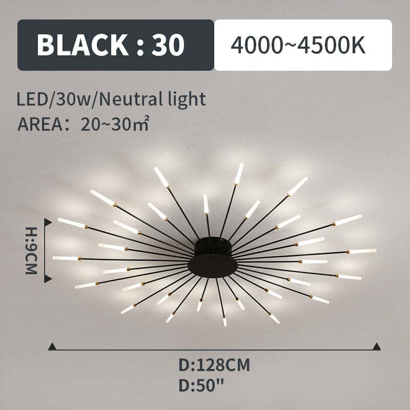 Starburst Flush Mount Ceiling Light Black Gold Modern Firework LED Fixture Bedroom Living Room Natural White Hardwired Indoor