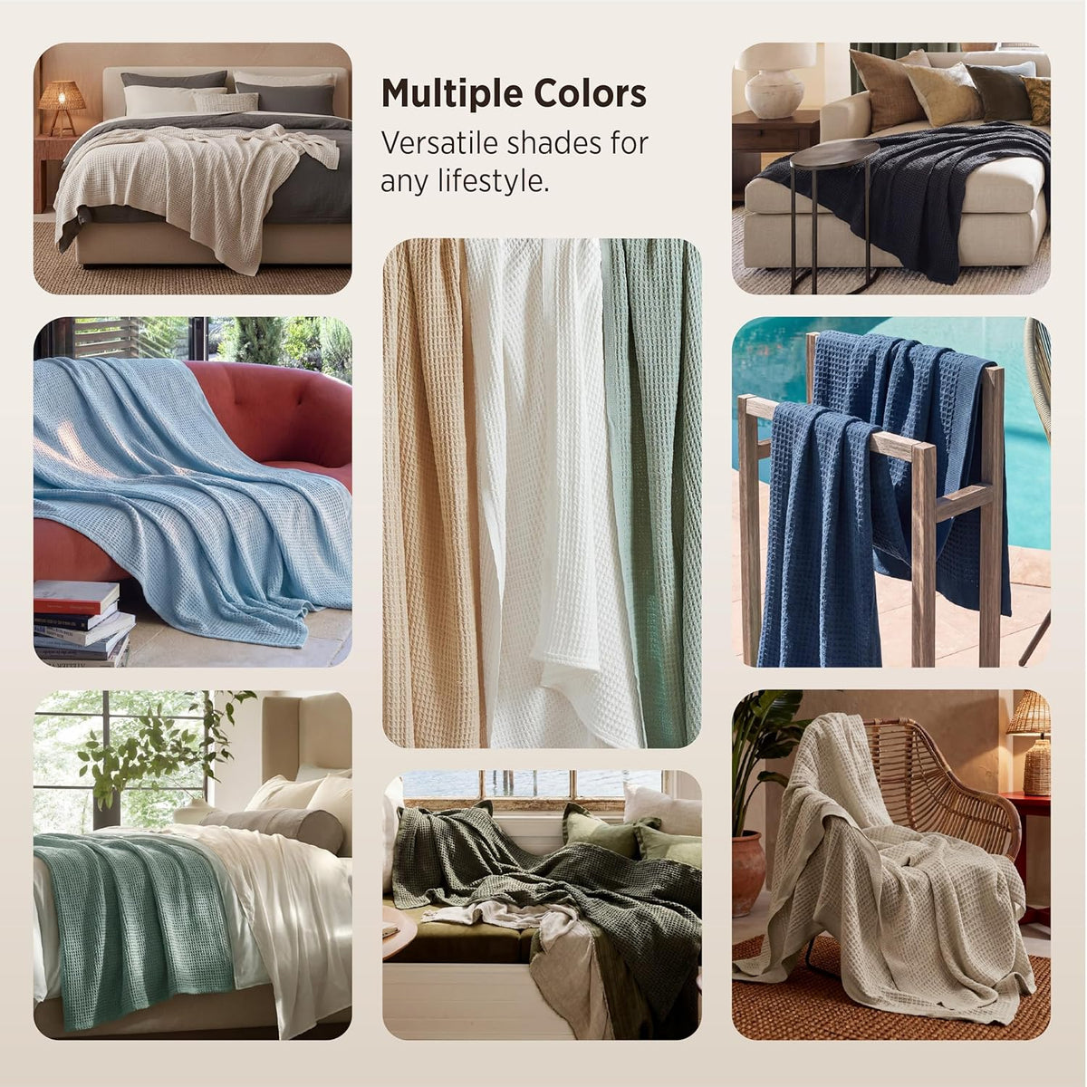 Cotton Throw Blanket for Bed, Waffle Weave Queen Size Blanket for All Seasons, Soft Breathable Cotton Blanket for Couch
