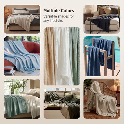 Pure Cotton Thermal Blanket – Queen 90×90 in – Textured Weave Layer for All Seasons – Lightweight & Breathable Throw for Bed or Sofa