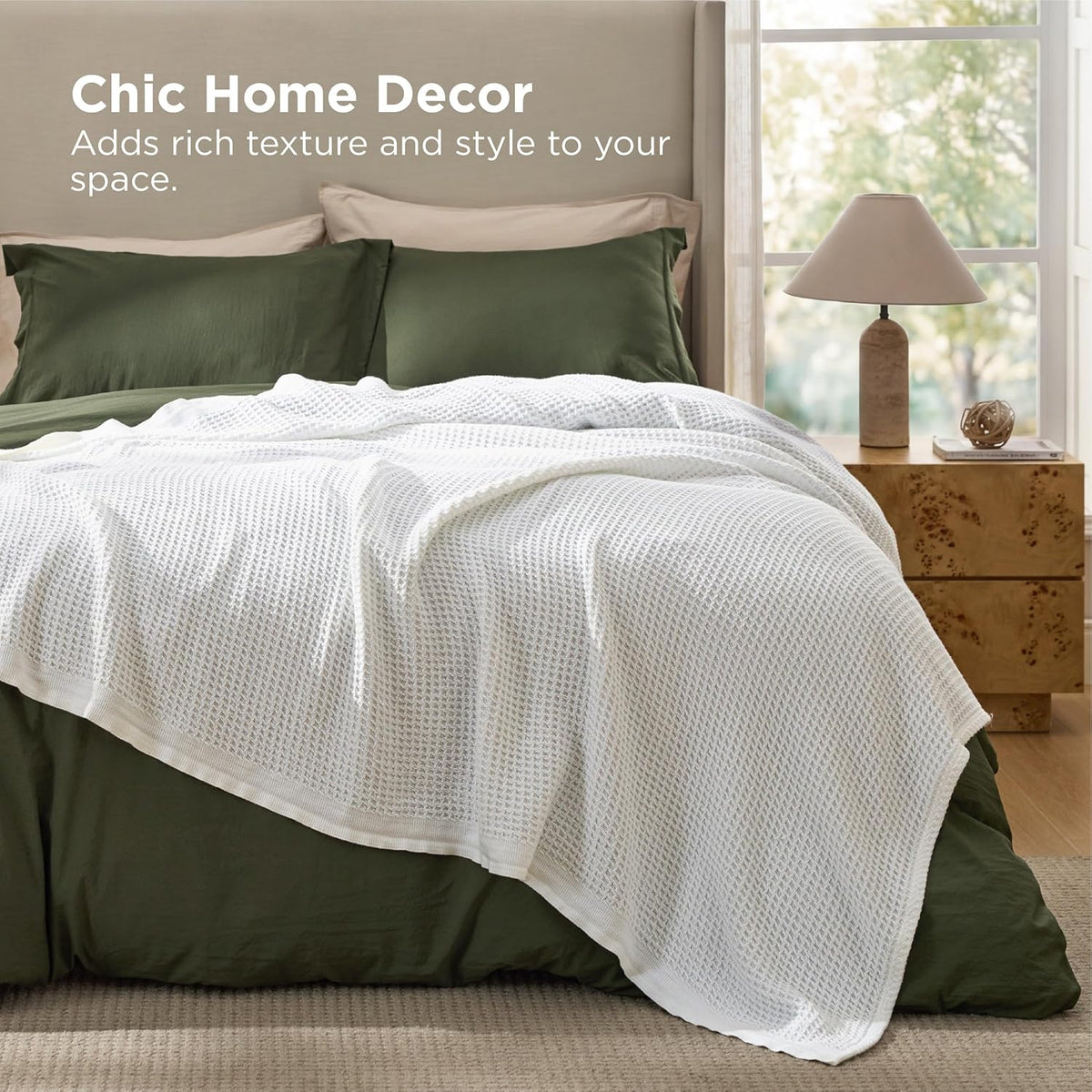 Cotton Throw Blanket for Bed, Waffle Weave Queen Size Blanket for All Seasons, Soft Breathable Cotton Blanket for Couch
