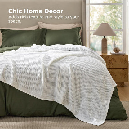 Cotton Throw Blanket for Bed, Waffle Weave Queen Size Blanket for All Seasons, Soft Breathable Cotton Blanket for Couch