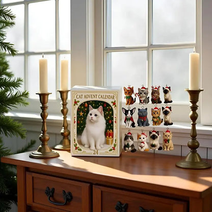 Holiday Countdown Calendar with 24 Festive Feline Ornaments – Acrylic Cat Figurines for Christmas Decoration, Tree Hanging Decor, Mantel