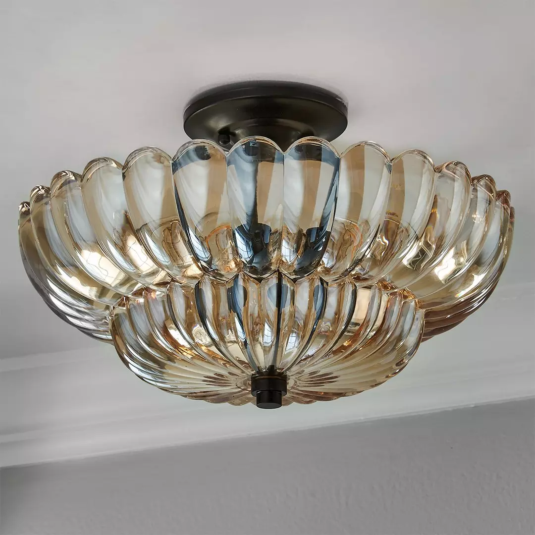 Amber Glass Flush Mount Ceiling Light Vintage Semi-Flush Fixture for Kitchen Bedroom Living Room Dining Room E27 12 in Retro Dome Shade