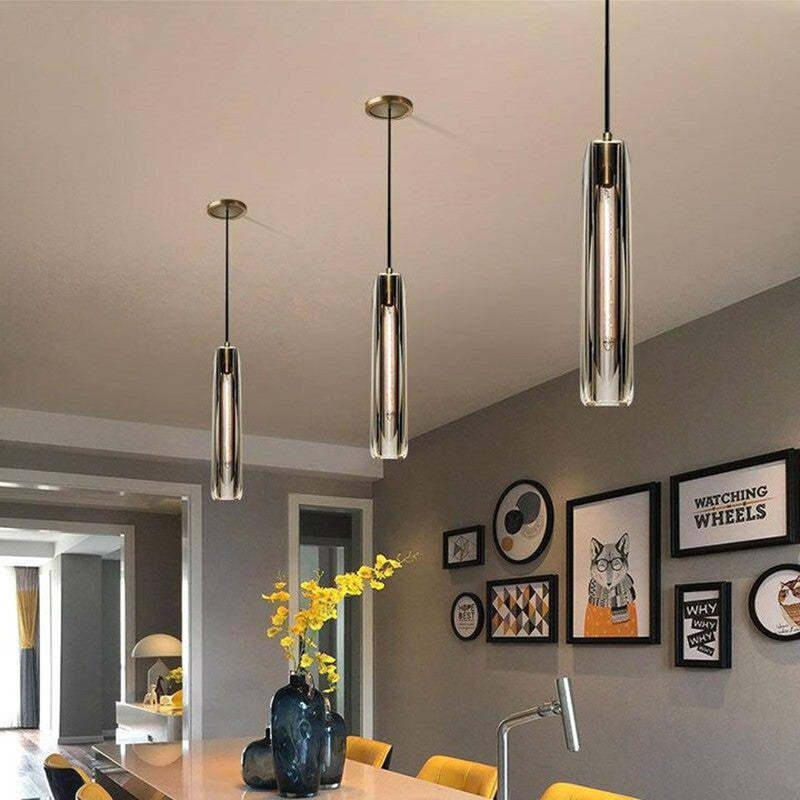 Glass Cylinder Hanging Light Fixture 15 Inch Height Adjustable Drop Ceiling Lamp for Dining Room Bedroom Living Room Contemporary Minimalist