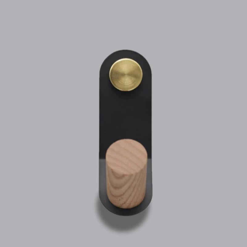 Oak Wood & Brass Wall Peg for Coats Towels Bags | Nordic Single Hook | 6 Soft Colors