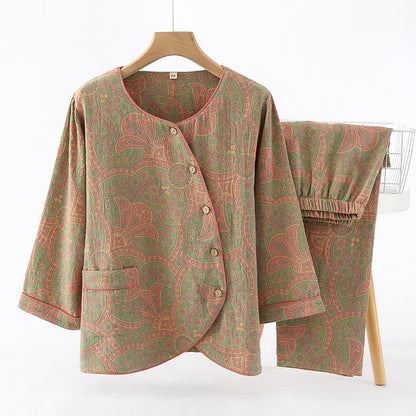 Women's Cotton Pajama Set Round Neck Vintage Jacquard Long Sleeve Loungewear Sleepwear with Side Buttons for Spring Summer Fall