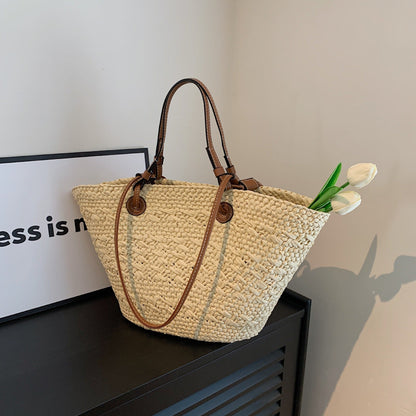 Woven Straw Summer Tote Bag with Spacious Interior for Beach, Travel & Everyday Use | Lightweight Natural Shoulder Bag