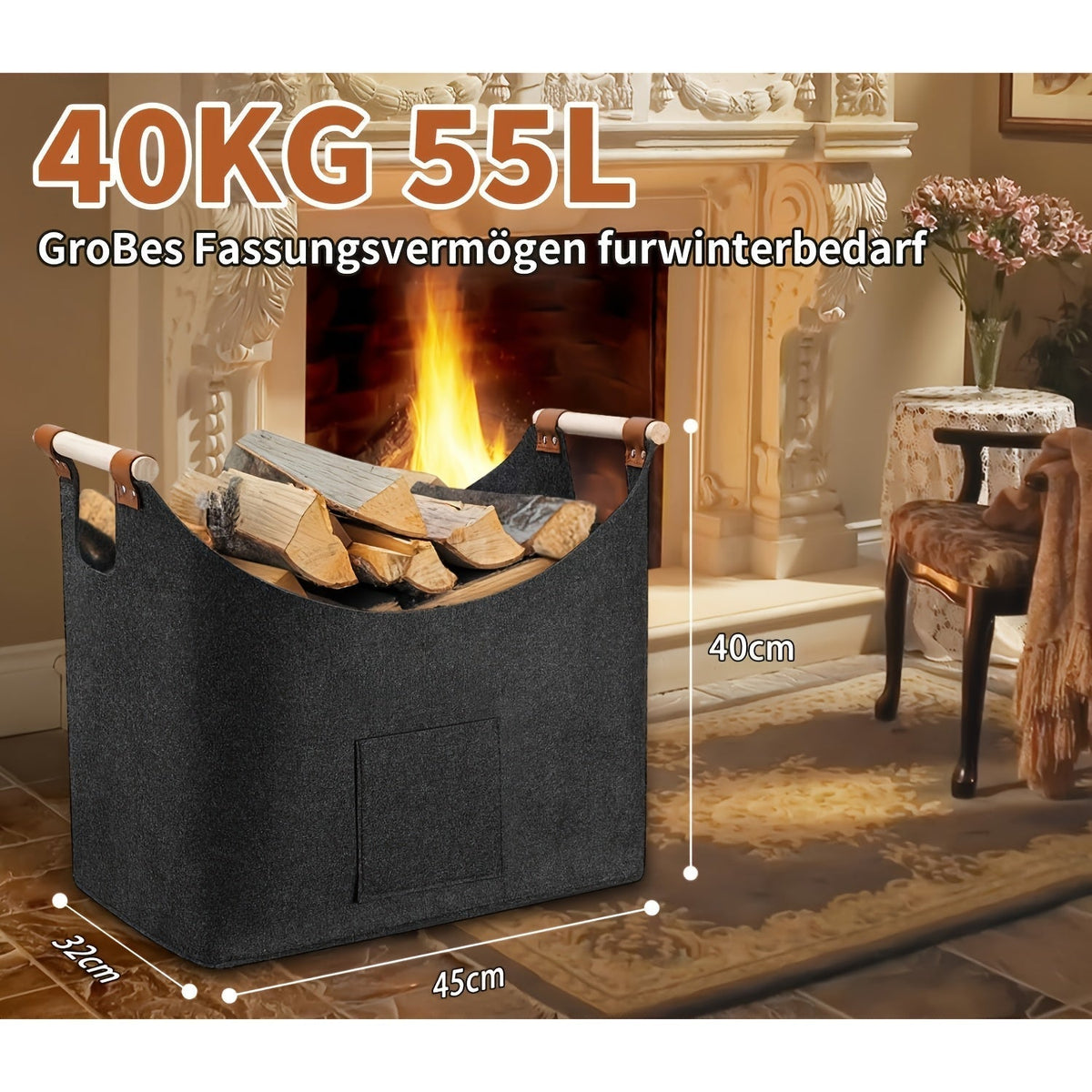 Collapsible Firewood Basket with Wooden Handles – 14.5 Gallon Felt Log Carrier for Living Room & Fireplace – Dark Gray Storage Bin