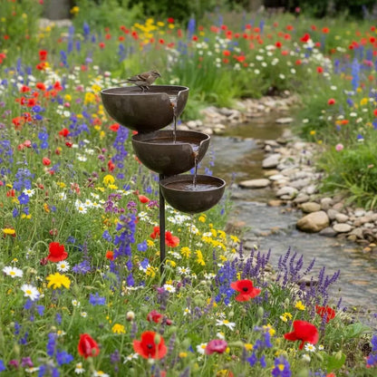 Tiered Metal Rain-Fed Bird Bath for Garden – Self-Filling Water Feature with Cascading Bowls
