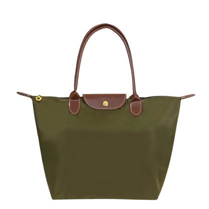 Water-Resistant Nylon Tote Bag with Leather Accents – Spacious Carryall for Work, Travel & Errands