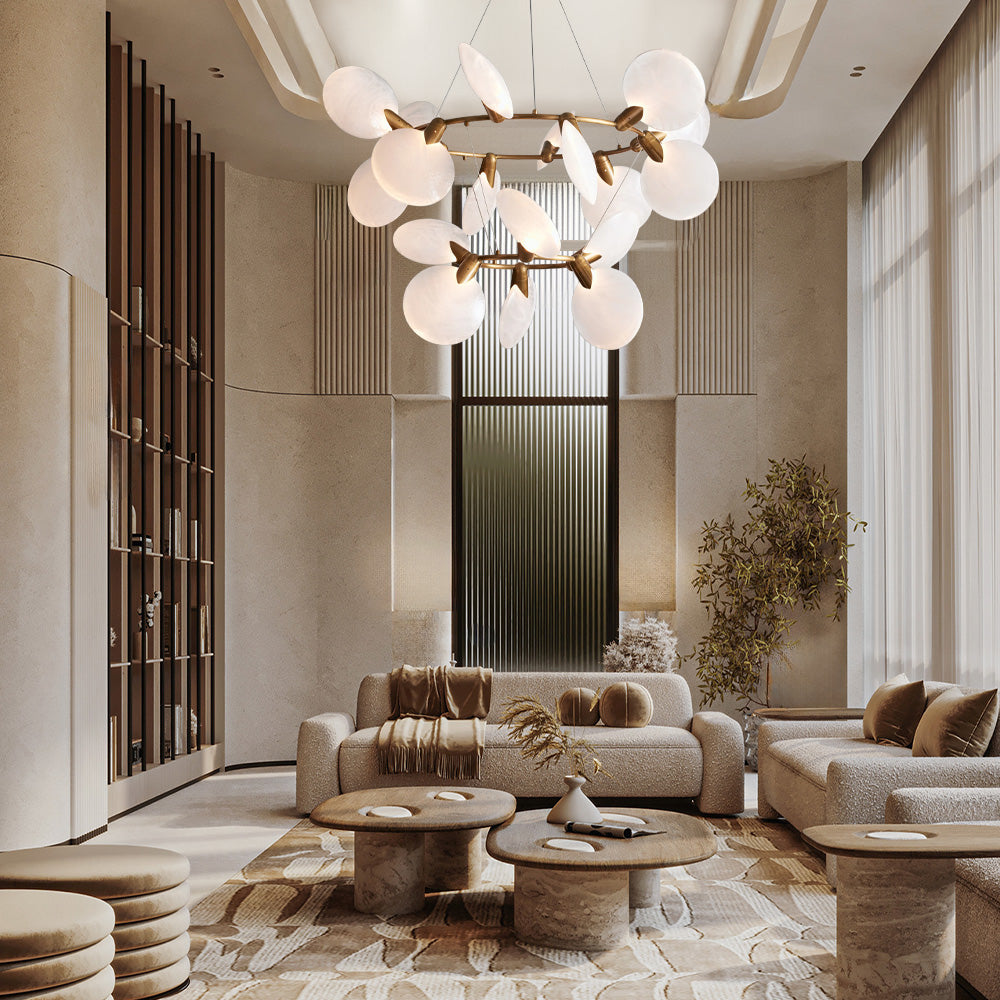 Double-Ring Glass Disc Chandelier with 18 LED Lights – Handblown Art Glass Ceiling Fixture for Dining Room Living Room – Adjustable Drop