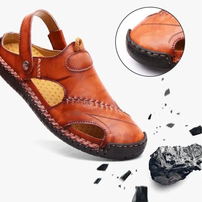 Men's Leather Slide Sandals – Closed Toe Slip-On with Orthopedic Support & Non-Slip Sole for Summer, Casual Wear, Travel & Vacation