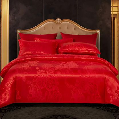 Floral Jacquard Duvet Cover Set Silky Satin Bedding 3-Piece with Pillowcases All Season Breathable Comforter Cover for Bedroom Décor