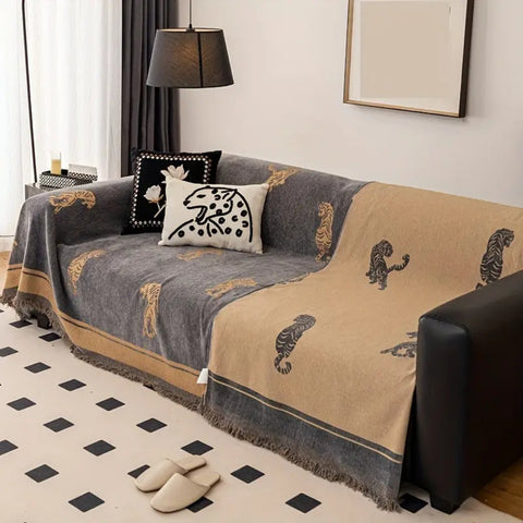 Sable Sofa Cover - Reversible Chenille, Tiger Motif for Sectional and Couch