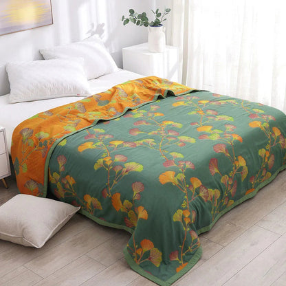 Glenna Coverlet - Reversible Jacquard Floral Cotton Blend, Green and yellow