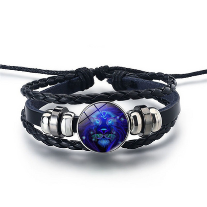 Adjustable Leather Zodiac Bracelet with Blue Stone Charm for Men & Women | Classic Wrist Cuff with Astrology Symbol | Handcrafted Steel &