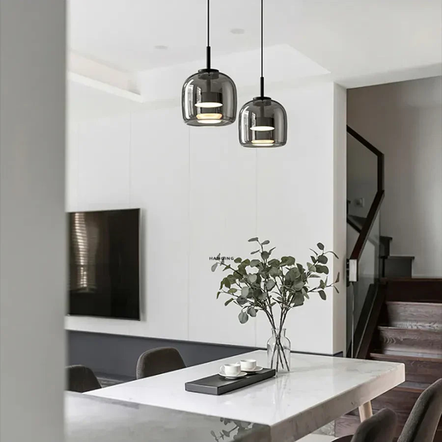 Glass Drop Ceiling Fixture 40 in Adjustable Height Cognac Smoke Gray Over Island Dining Table Modern Nordic Minimalist Hanging Lamp Bedroom