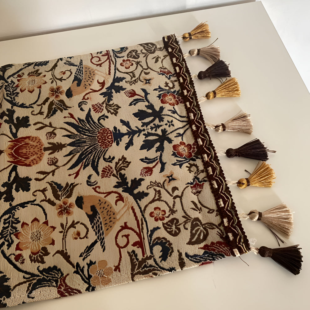 Woven Jacquard Table Runner with Tassels - Floral Bird Pattern for Dining & Coffee Tables - Vintage Countryside Design - Tassel Trim