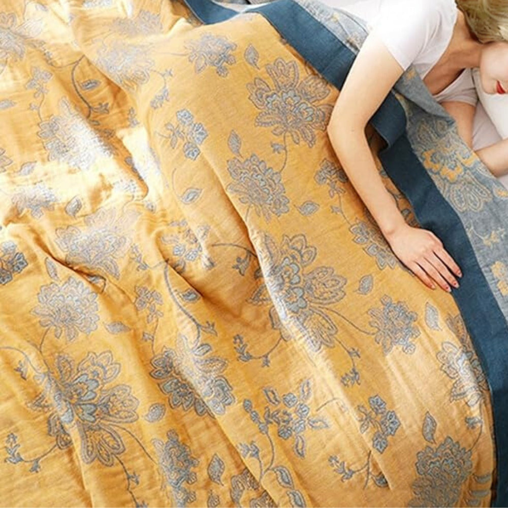 Layered Cotton Gauze Throw Blanket with Botanical Print for Bed or Couch – Lightweight Year-Round Comfort for Bedroom Living Room