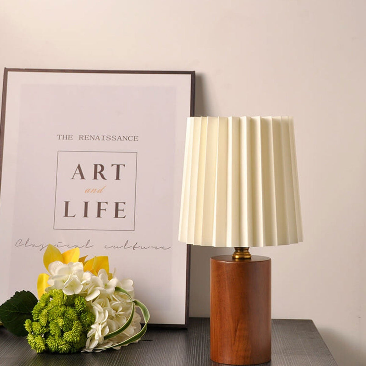 Wooden Desk Lamp with Fabric Shade 12 Inch Accent Light for Nightstand Office Den Dimmable LED Small Reading Light Modern Home Décor