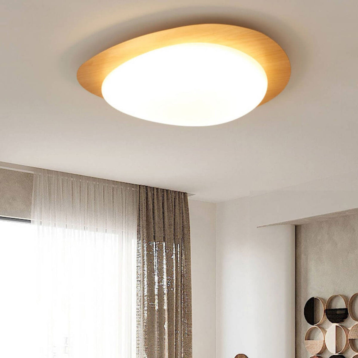 Oval Stone-Textured LED Ceiling Mount Light with Timber Finish for Bedrooms | Modern Hardwired Close-to-Ceiling Fixture for Living Rooms &